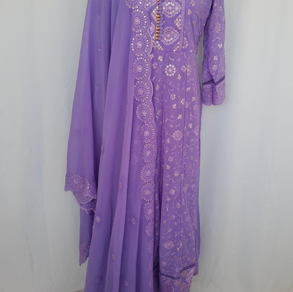 Georgette embroidered lavender long  Anarkali/ maxi with georgette Dupatta